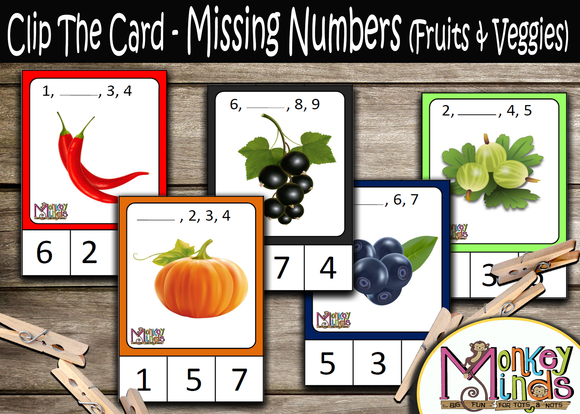 CLIP THE CARD - MISSING NUMBERS (FRUITS & VEGGIES) - Monkey Minds